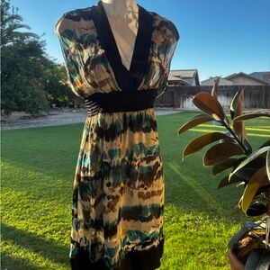 SOLD Chic Multicolor Midi Dress with Black Trim